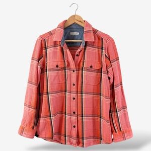 Outerknown Blanket Shirt Coral Orange Plaid XS/S Flannel Shacket Long Sleeve